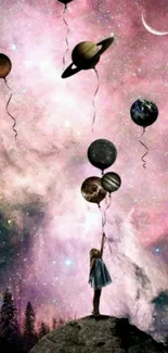 Girl holding celestial balloons in a dreamy galaxy scene.