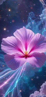 Pink flower in cosmic night sky with stars and fantasy clouds.