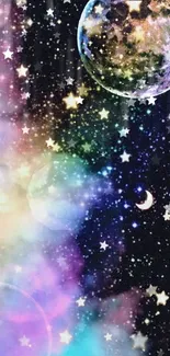 Colorful galaxy wallpaper with stars and moon, perfect for a cosmic phone background.