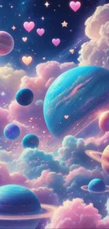 Colorful galaxy wallpaper with planets and hearts.