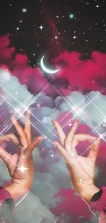 Dreamy cosmic wallpaper with hands, pink clouds, and crescent moon in starry sky.