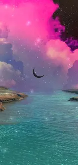 Cosmic landscape with pink clouds and teal ocean under crescent moon.