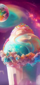Colorful ice cream in a cosmic galaxy setting with a floating planet.