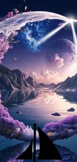 Dreamy cosmic landscape with a purple-hued lake and celestial sky.