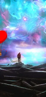 Surreal cosmic landscape with heart balloon.