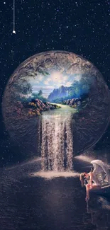 Surreal cosmic landscape with celestial waterfall and starry sky.