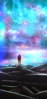 A person stands under a vibrant, surreal cosmic sky on a mobile wallpaper.