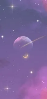 Dreamy purple cosmic landscape with celestial bodies.