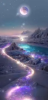 A dreamy cosmic landscape with a mystical river under a glowing full moon.