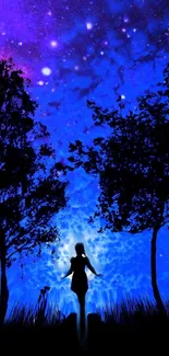 Silhouette in a cosmic starry blue night sky wallpaper.