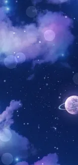 Dreamy cosmic night sky wallpaper with moon and stars.