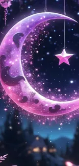 Purple crescent moon and star on a starry night sky background.