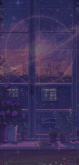 Dreamy cosmic night view through window with stars and plants.