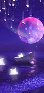 Dreamy cosmic night with a pink planet and glowing stars over the ocean.