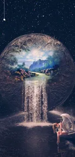 Dreamy cosmic nightscape with waterfall and serene lake scene.