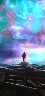 Person standing by a mystical lake under a vibrant cosmic sky.