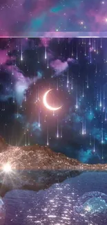 Dreamy cosmic wallpaper with crescent moon and stars in a purple night sky.