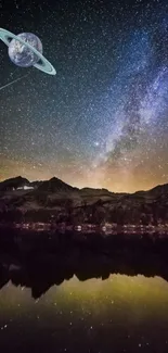 Planet and starry sky above mountain reflections in a cosmic night wallpaper.