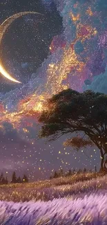 Surreal scene with crescent moon and purple night sky.