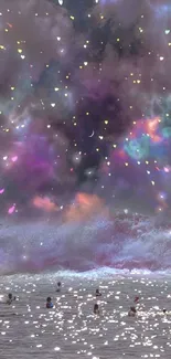 Dreamy cosmic ocean with colorful sky and digital colors.