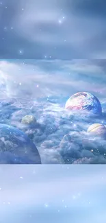 Dreamy wallpaper with planets above ethereal clouds in a cosmic sky.