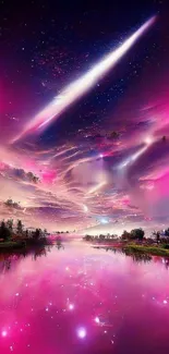 Pink and purple cosmic sky with celestial reflections on water.