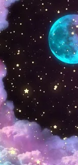 Dreamy cosmic sky wallpaper with teal moon and stars.