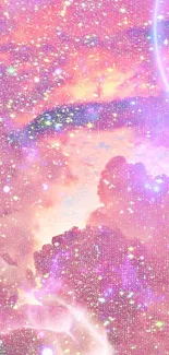 Purple dreamy cosmic sky with stars and mystical clouds.