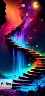 Surreal cosmic staircase with vibrant colors and celestial elements.