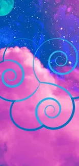 Dreamy cosmic swirl art with pink clouds and blue celestial design.