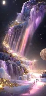 Dreamy cosmic waterfall with purple hues cascading under a moonlit sky.