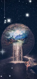 A fantasy mobile wallpaper with a cosmic waterfall and celestial elements.