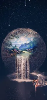 Dreamy cosmic wallpaper with a stunning waterfall and starry night sky.