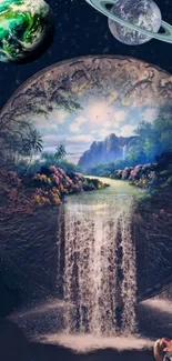 Surreal landscape with cosmic elements and a majestic waterfall.