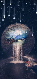 Dreamy cosmic waterfall with celestial sphere and night sky