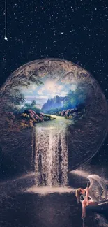 Surreal cosmic wallpaper with waterfall and celestial background.