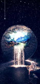 Cosmic waterfall wallpaper featuring a glowing planet and starry night sky.