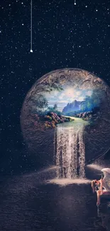 Surreal cosmic wallpaper featuring a waterfall and starry night sky.