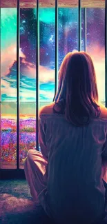 Woman gazing through cosmic window with vibrant landscape.