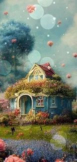 Whimsical fantasy cottage with floating clouds and vibrant flowers.