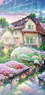 Enchanting cottage with pink garden, under a dreamy sky.