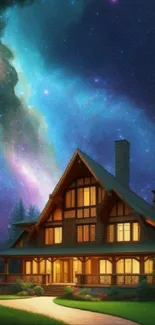 Cottage under a starry blue night sky with galaxy clouds.