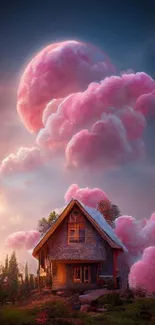 Cottage under pink clouds with a dreamy atmosphere.