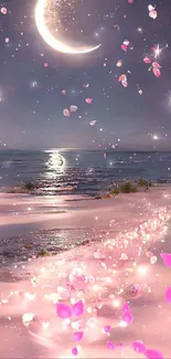 Dreamy crescent moon over a serene beach with floating petals.