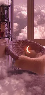 Cozy chair with clouds and crescent moon in a dreamy room wallpaper.