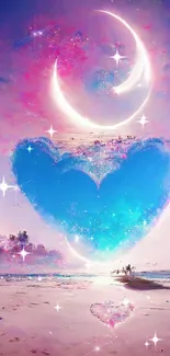 Vibrant blue heart with crescent moon above in a dreamy sky.