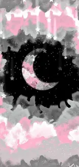 Crescent moon with pink clouds in artistic wallpaper.