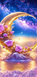 Crescent moon with roses against starry sky wallpaper.