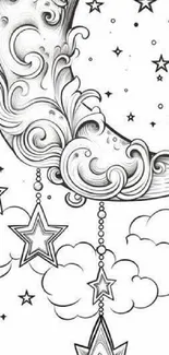 Artistic crescent moon with stars and clouds in black and white design.