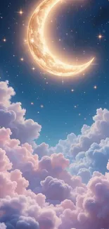 Dreamy wallpaper with crescent moon and clouds.